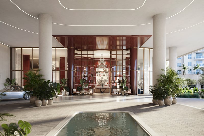 Cipriani Residences Miami exterior entrance; luxury arrival for ultra luxury preconstruction condos in Brickell, Miami.