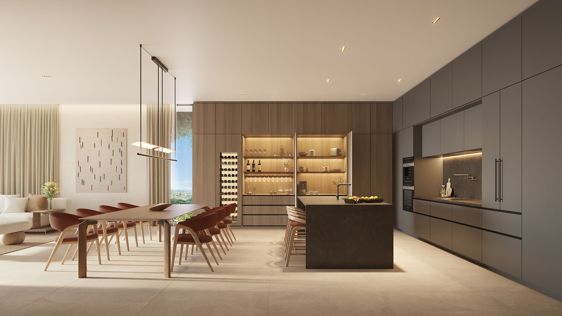 Colette Residences in Brickell luxury ultra luxury condos with an open chef kitchen, large island, dining table, built-in wine wall, and warm wood cabinetry.