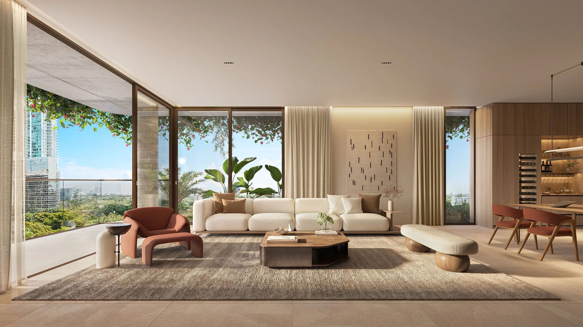 Colette Residences in Brickell luxury ultra luxury condos with an open concept living room, corner floor-to-ceiling glass, terrace greenery, and a distant skyline view.