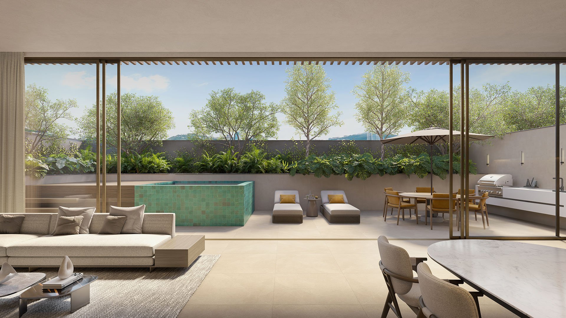 Colette Residences in Brickell luxury ultra luxury condos with a private terrace featuring a plunge pool, chaise lounges, outdoor dining, and a built-in grill.