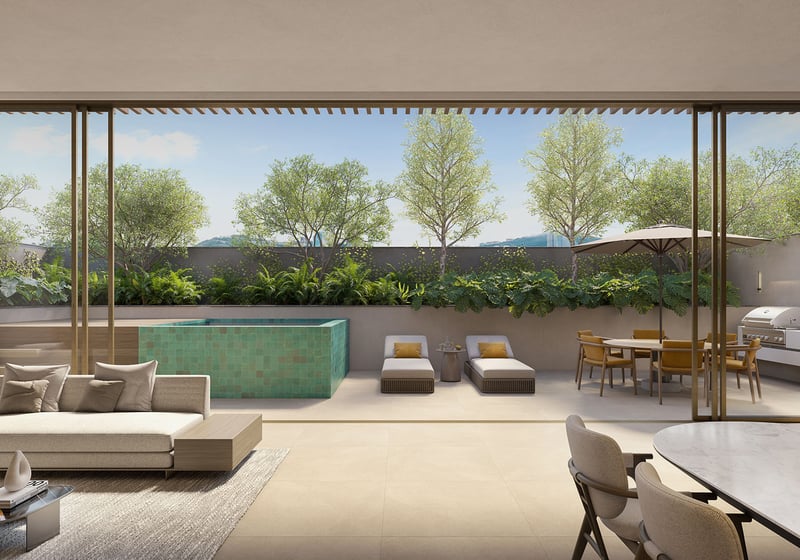 Colette Residences in Brickell luxury ultra luxury condos with a private terrace featuring a plunge pool, chaise lounges, outdoor dining, and a built-in grill.