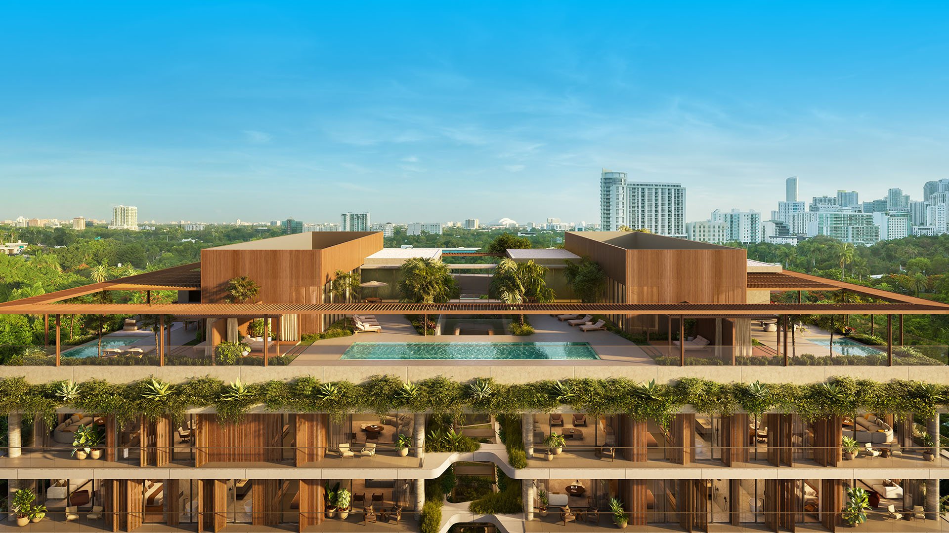 Colette Residences in Brickell luxury ultra luxury condos with a rooftop pool terrace, landscaped pergola deck, and skyline views stretching beyond the upper amenity level.
