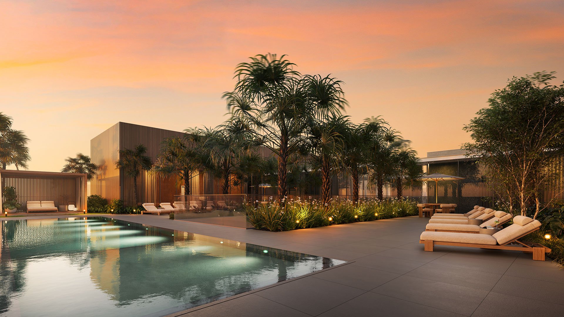 Colette Residences in Brickell luxury ultra luxury condos with a sunset pool terrace, cabana lounge, palm landscaping, and cushioned loungers around the water.