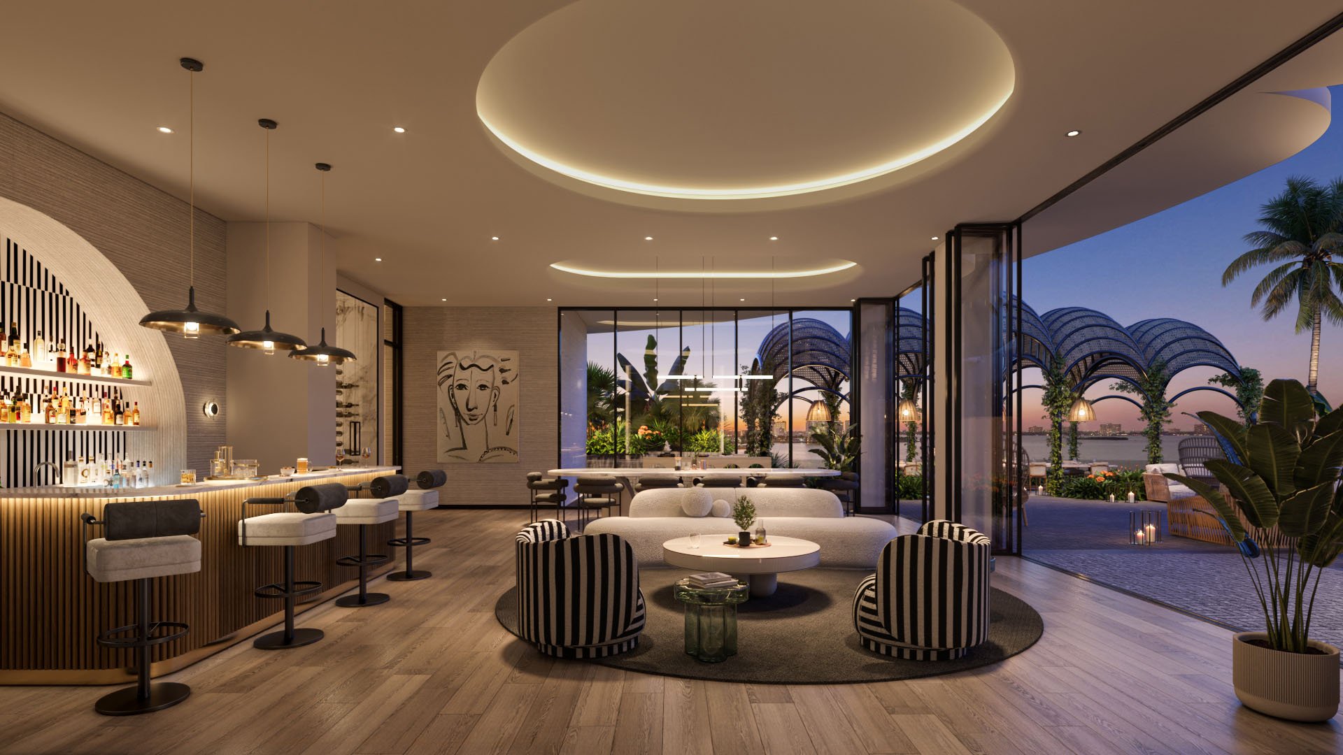 Club room lounge with a bar, seating area, and terrace connection at Continuum Club and Residences in North Bay Village, a preconstruction luxury and ultra luxury condos development with indoor-outdoor entertaining space.