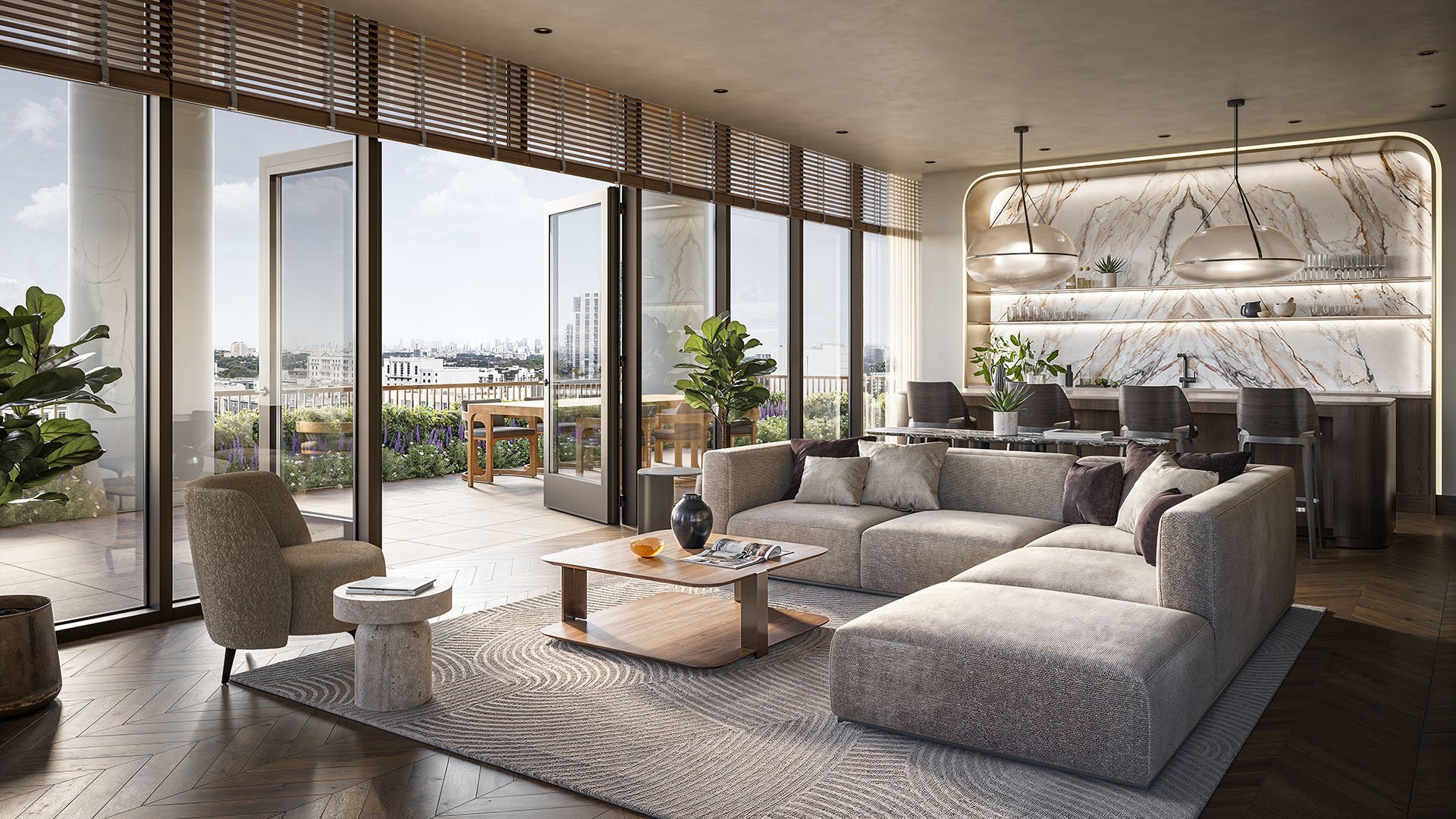 Clubroom lounge with oversized sectional sofa, marble bar, floor-to-ceiling glass, and terrace access at Cora Merrick Park in Coral Gables for luxury and ultra luxury condos.