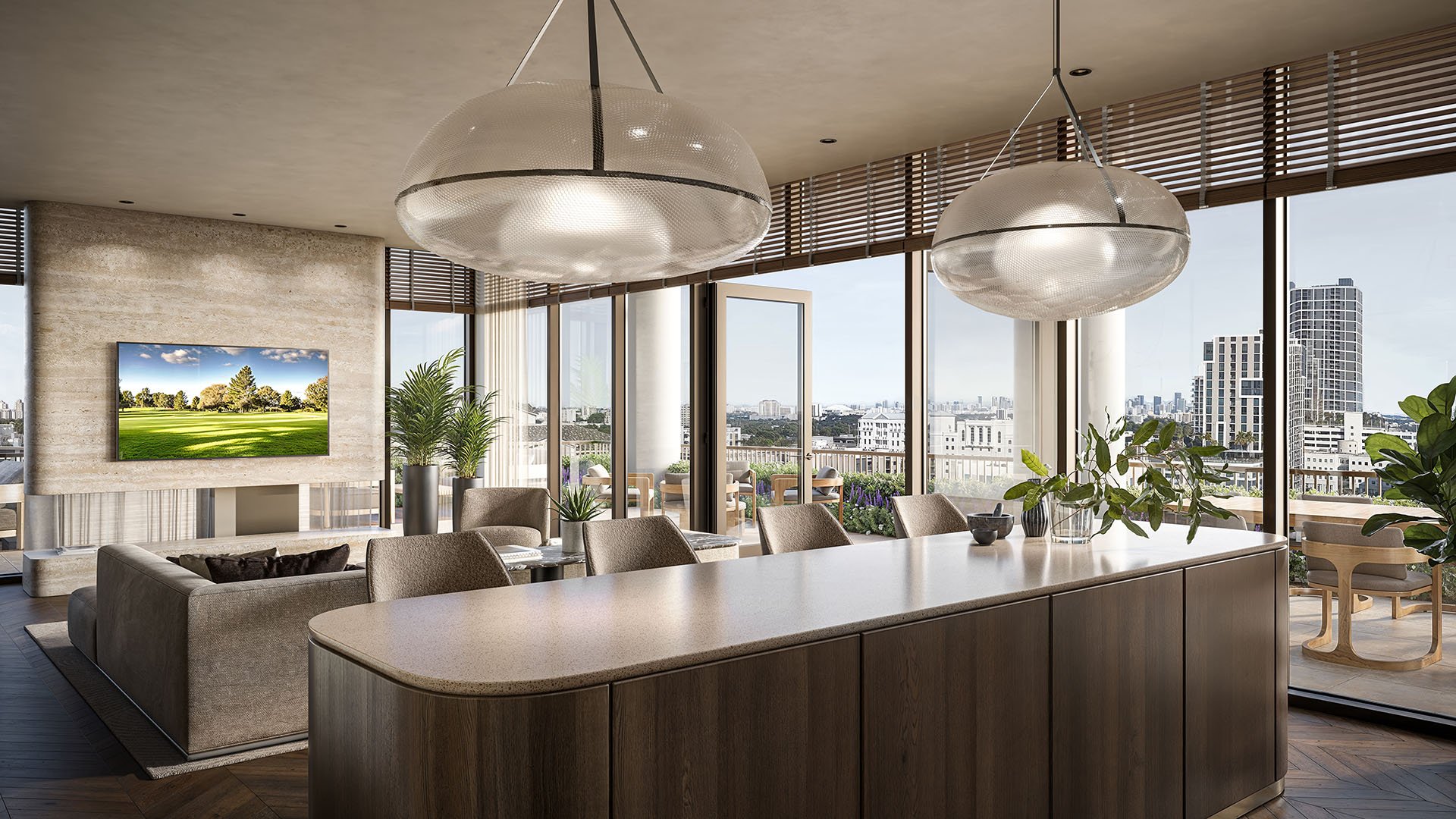Clubroom social lounge with pendant lighting, island counter, and skyline-facing terrace at Cora Merrick Park in Coral Gables, designed for luxury and ultra luxury condos.