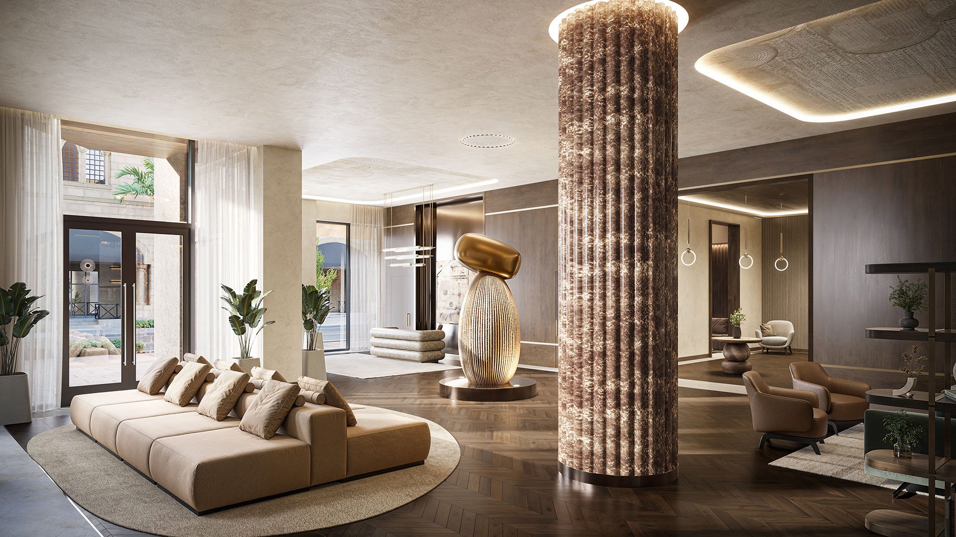 Grand lobby entrance at Cora Merrick Park in Coral Gables with sculptural lighting, a dramatic fluted column, and statement art for luxury and ultra luxury condos.