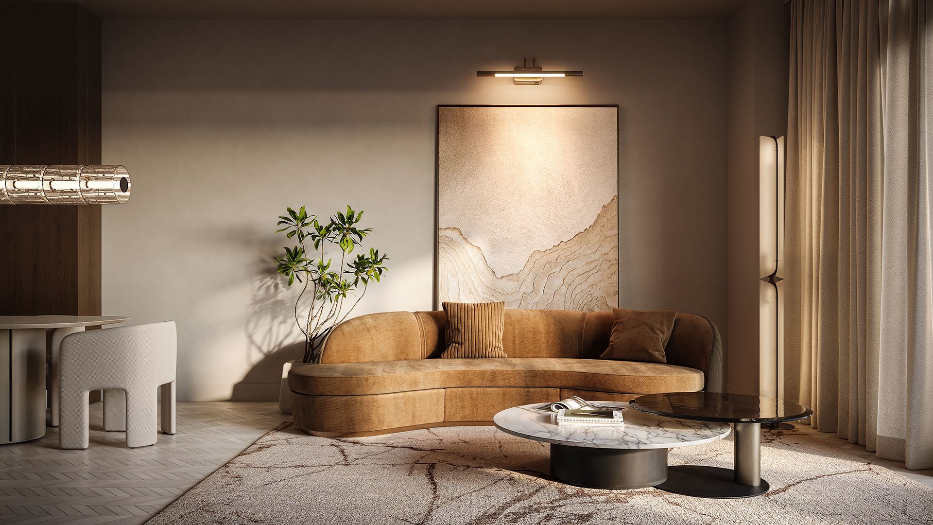 Living room with a curved sofa, marble coffee table, and warm neutral finishes at Cora Merrick Park in Coral Gables, reflecting the style of luxury and ultra luxury condos.