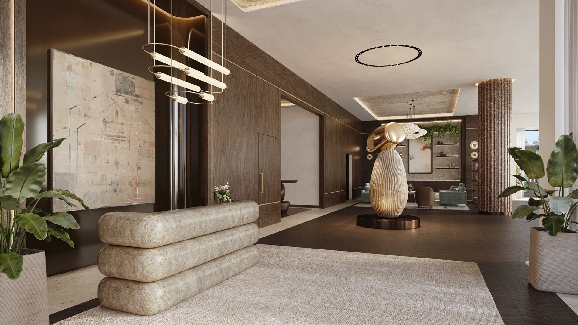 Lobby gallery corridor with art lighting, upholstered bench seating, and sculptural accents at Cora Merrick Park in Coral Gables for luxury and ultra luxury condos.