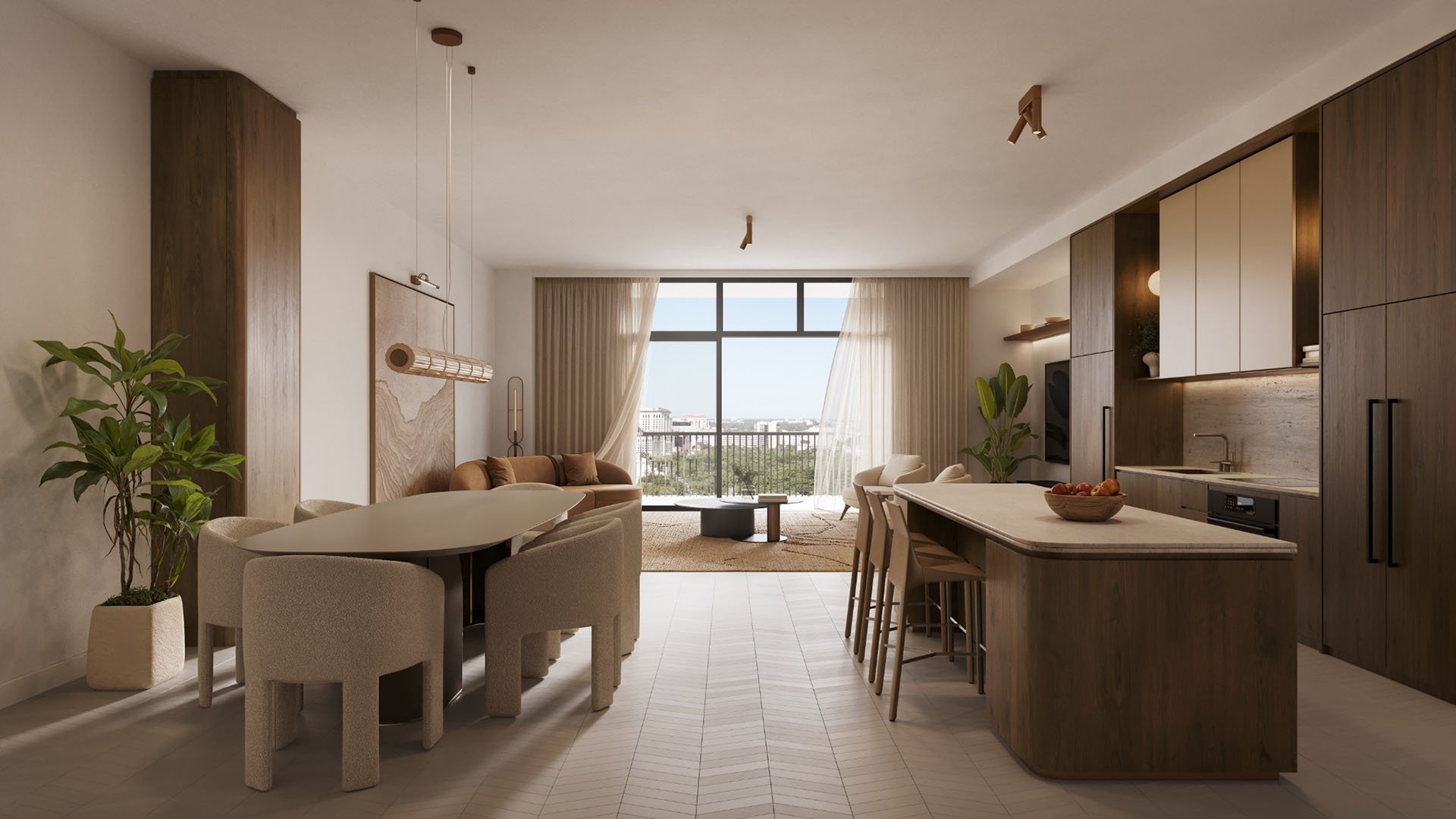 Open-concept living, dining, and chef kitchen at Cora Merrick Park in Coral Gables with warm wood cabinetry and a large island for luxury and ultra luxury condos.