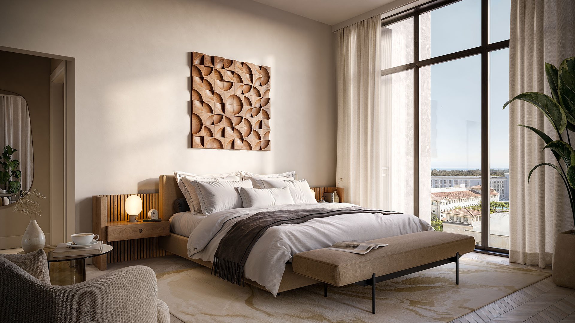 Primary bedroom with floor-to-ceiling windows, soft neutral finishes, and city views at Cora Merrick Park in Coral Gables, styled for luxury and ultra luxury condos.