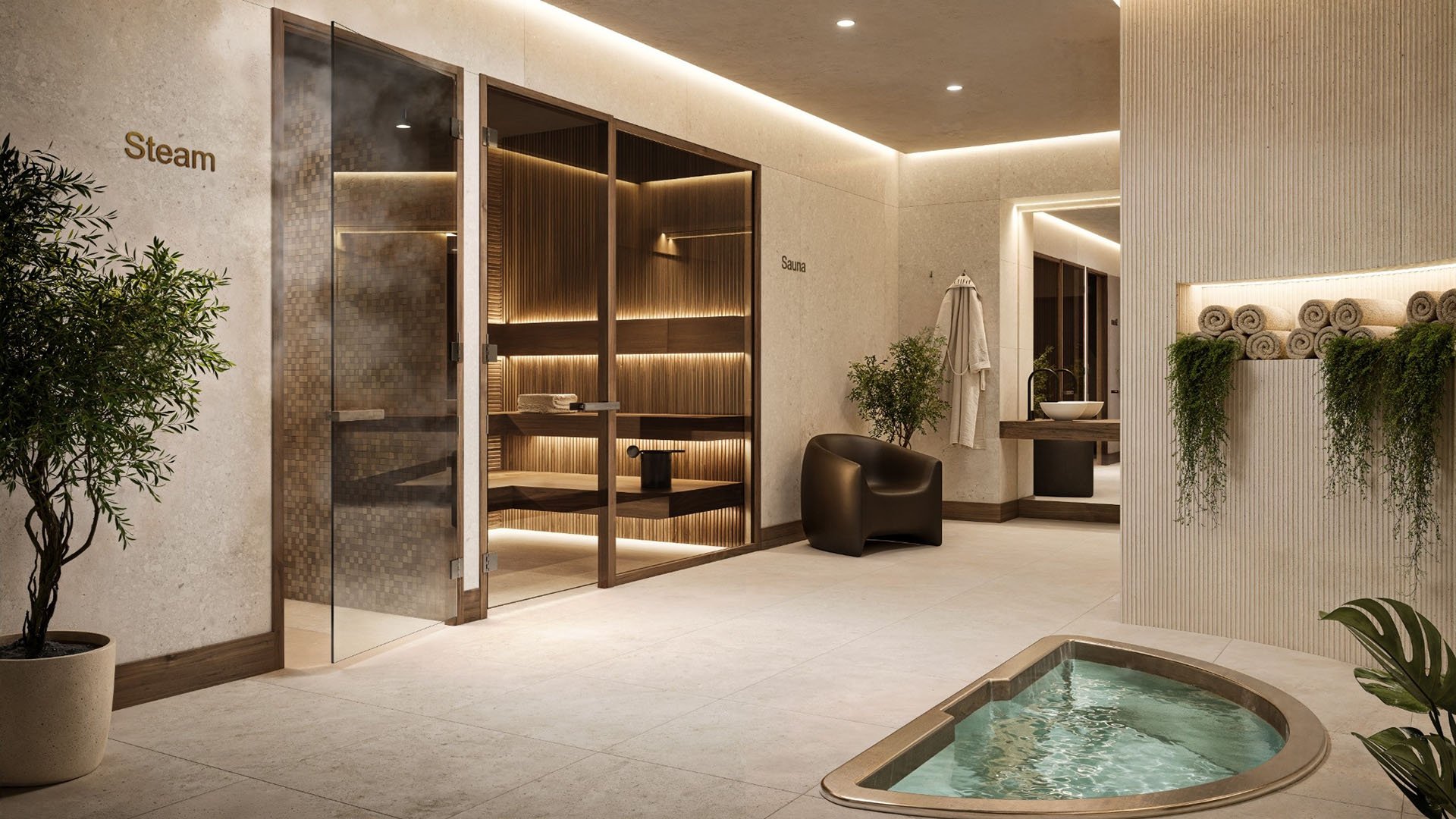 Spa lounge with steam room, sauna, and plunge pool at Cora Merrick Park in Coral Gables, adding a wellness amenity to luxury and ultra luxury condos.
