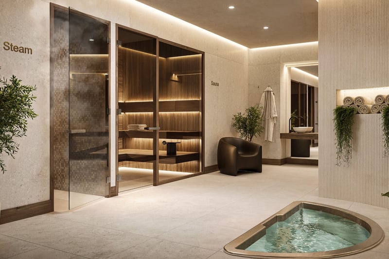 Spa lounge with steam room, sauna, and plunge pool at Cora Merrick Park in Coral Gables, adding a wellness amenity to luxury and ultra luxury condos.