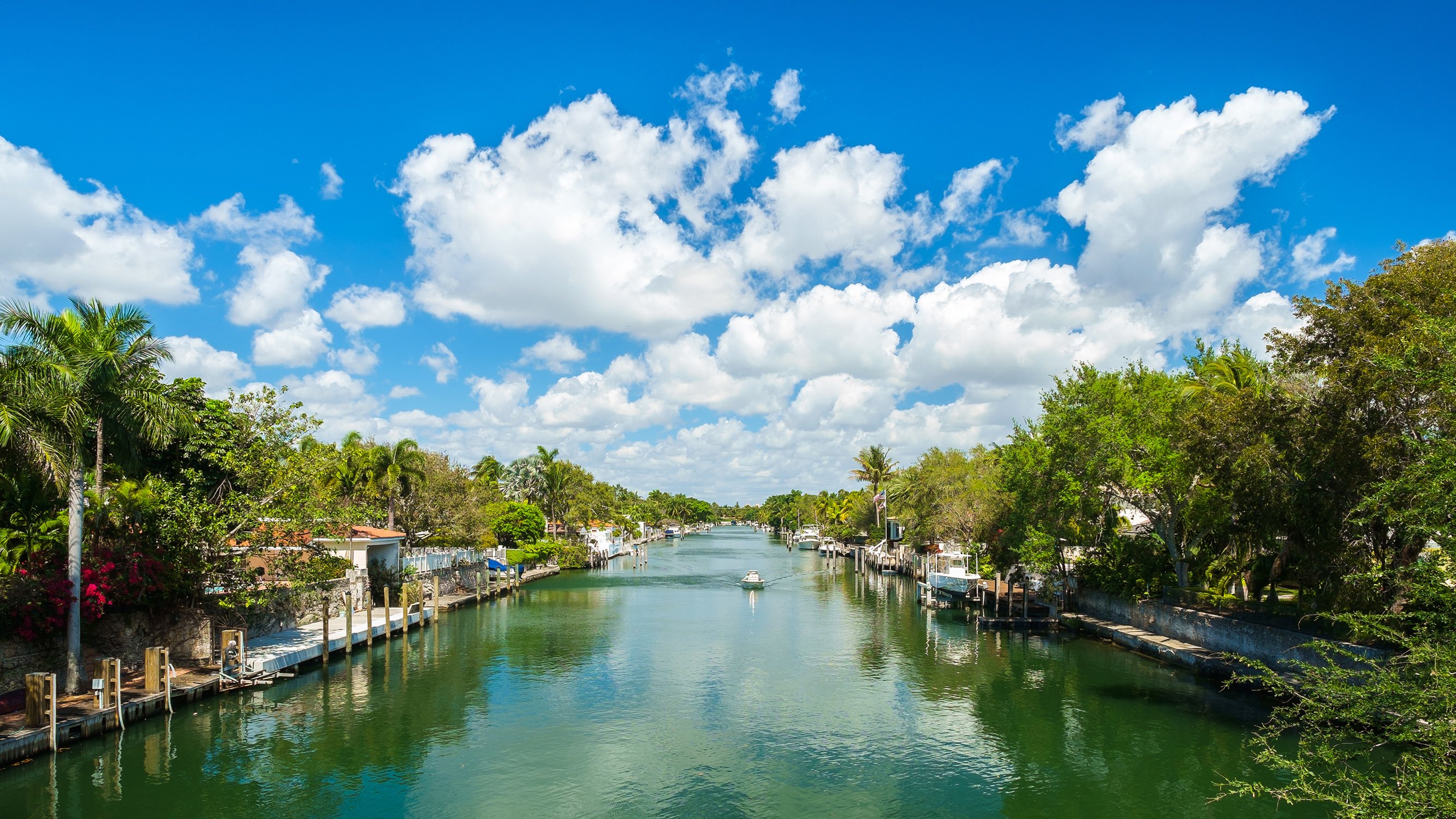 Scenic waterway in Coral Gables, Florida, sunny and lined with palms—high‑end area for luxury and ultra luxury condos, offering preconstruction and resale.