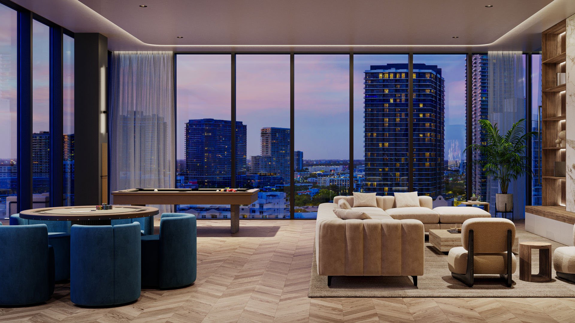 Cove Miami in Miami presents luxury and ultra luxury condos in preconstruction, featuring a game lounge with pool tables, card seating, plush sofas, and a dusk skyline backdrop.