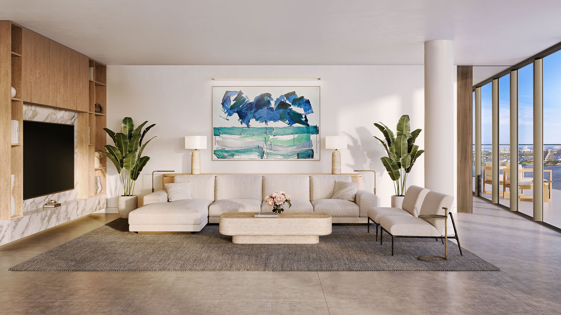 Cove Miami in Miami presents luxury and ultra luxury condos in preconstruction, featuring a living room with a media wall, sectional seating, art, and corner glass opening to a terrace and skyline views.