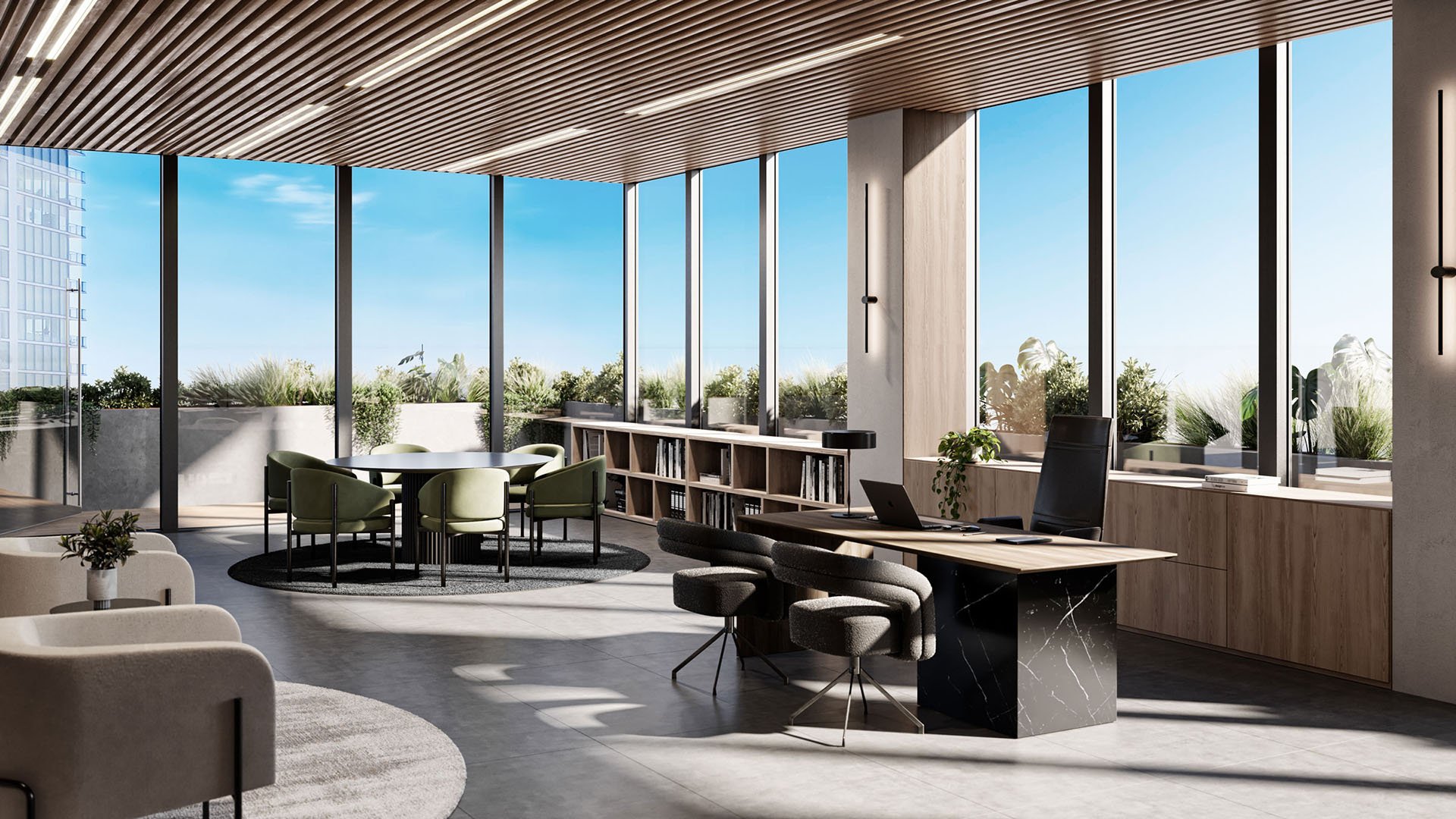 Cove Miami in Miami presents luxury and ultra luxury condos in preconstruction, featuring an office lounge with desks, meeting seating, built-in shelving, and floor-to-ceiling windows.