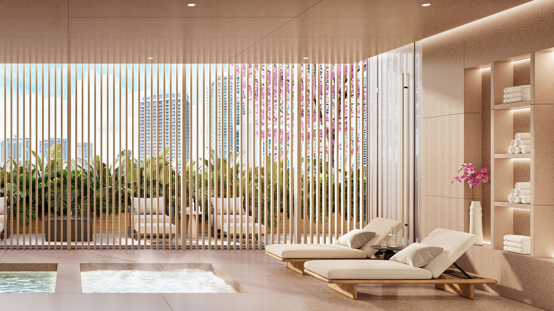 Cove Miami in Miami presents luxury and ultra luxury condos in preconstruction, featuring a spa lounge with chaise seating, a small plunge pool, warm wood finishes, and a screened garden backdrop.