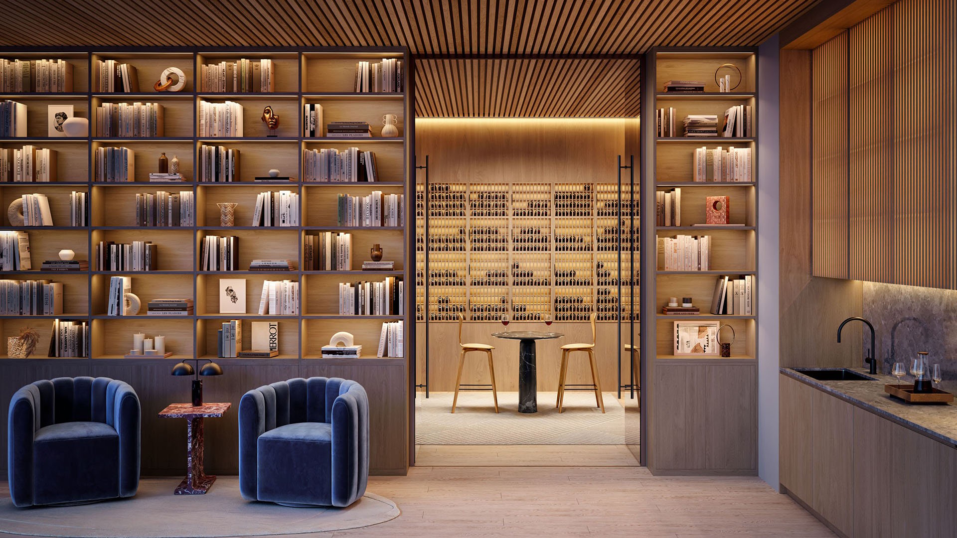 Cove Miami in Miami presents luxury and ultra luxury condos in preconstruction, featuring a wine room with library shelving, a tasting alcove, accent lighting, and plush lounge chairs.
