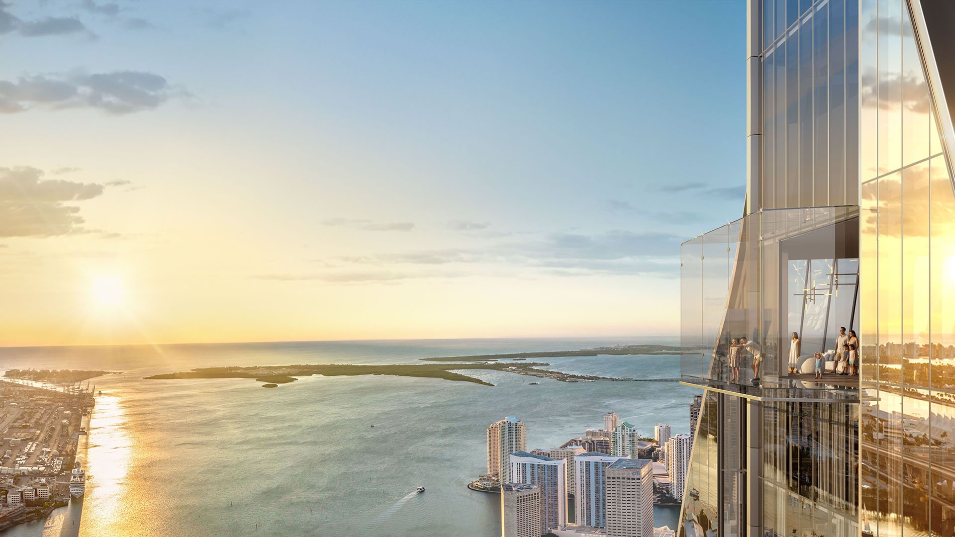 Glass observation deck at Delano Residences & Hotel, Miami, extending over the waterfront with expansive sunrise bay views, showing luxury and ultra luxury preconstruction condos.
