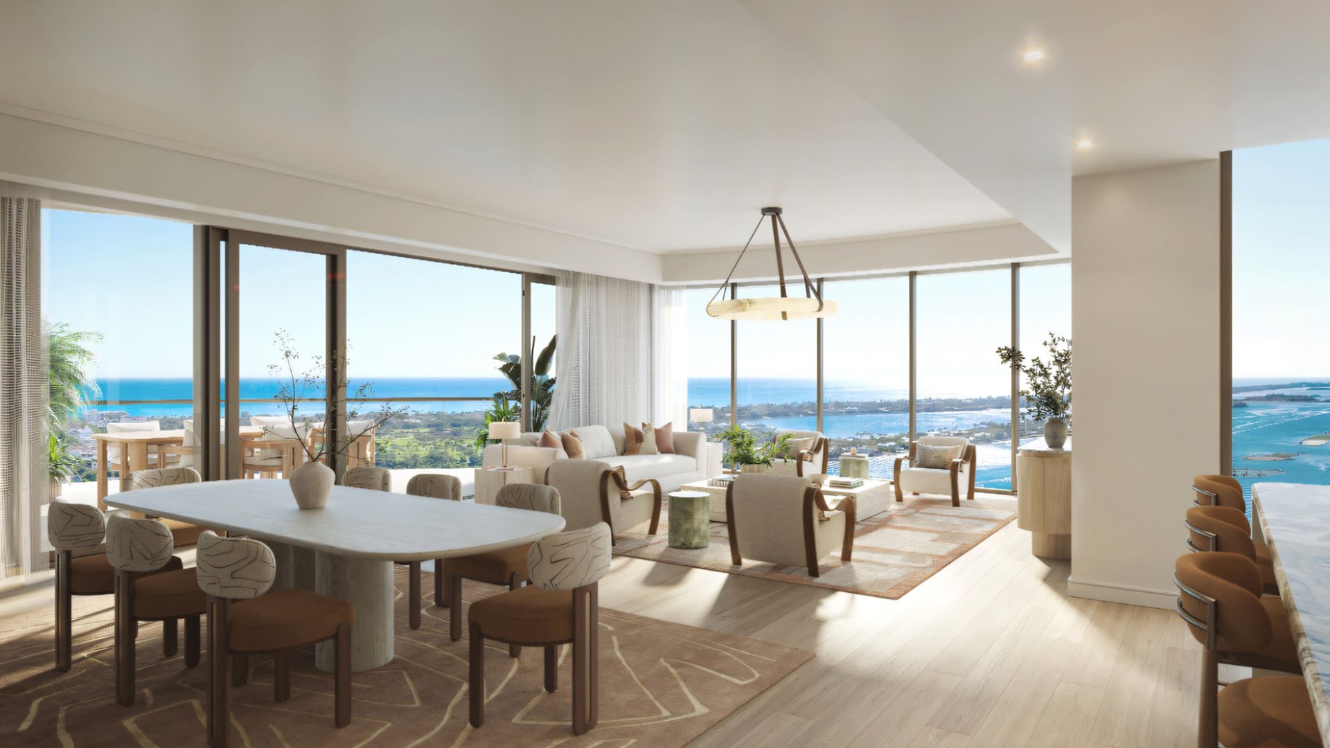 Edgeworth West Palm Beach luxury ultra luxury condos great room with open living and dining areas, floor-to-ceiling glass, a large terrace, and bright waterfront views from a high-rise residence.