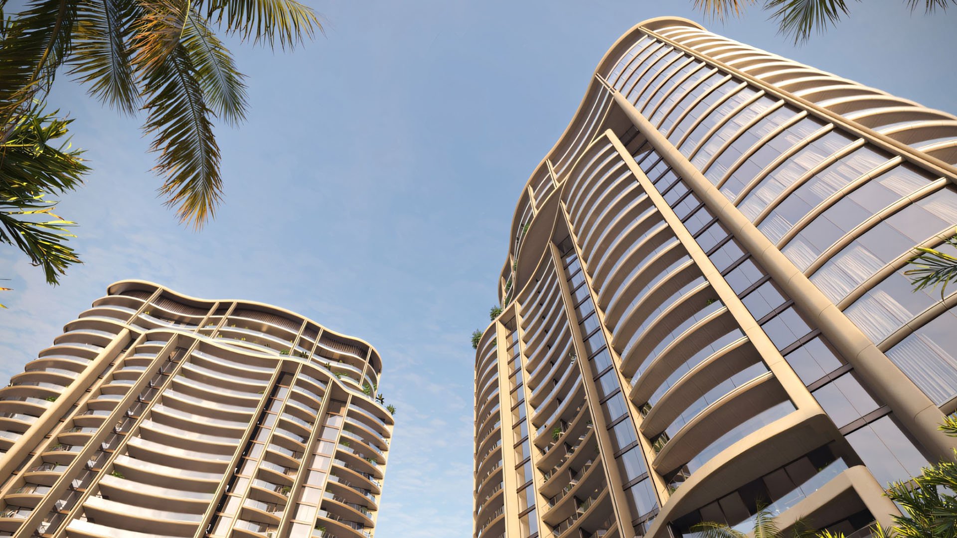 Edgeworth West Palm Beach luxury ultra luxury condos exterior with curved residential towers rising above palms and landscaped grounds, emphasizing a sleek waterfront high-rise design.