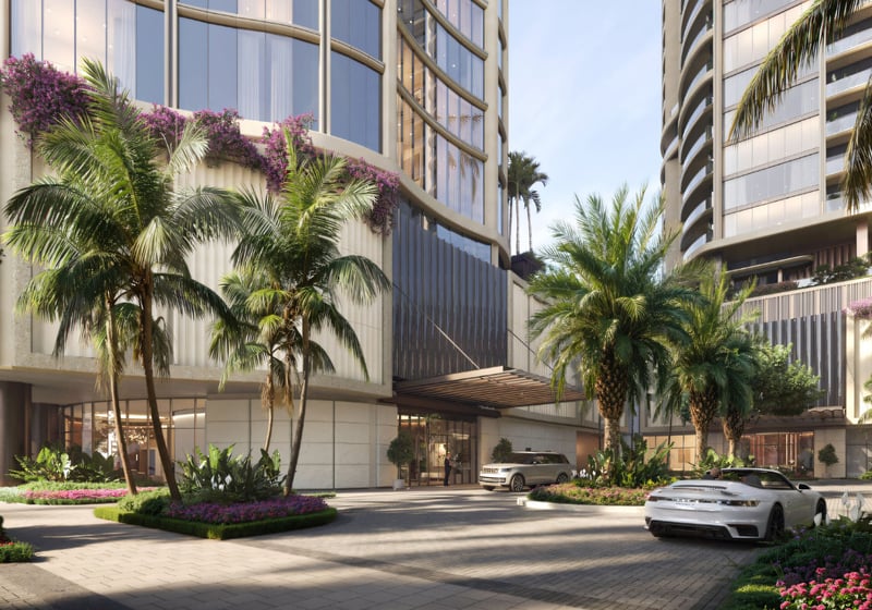 Edgeworth West Palm Beach luxury ultra luxury condos arrival court with a palm-lined motor court, porte cochere, landscaped entry gardens, and upscale residential tower facades.