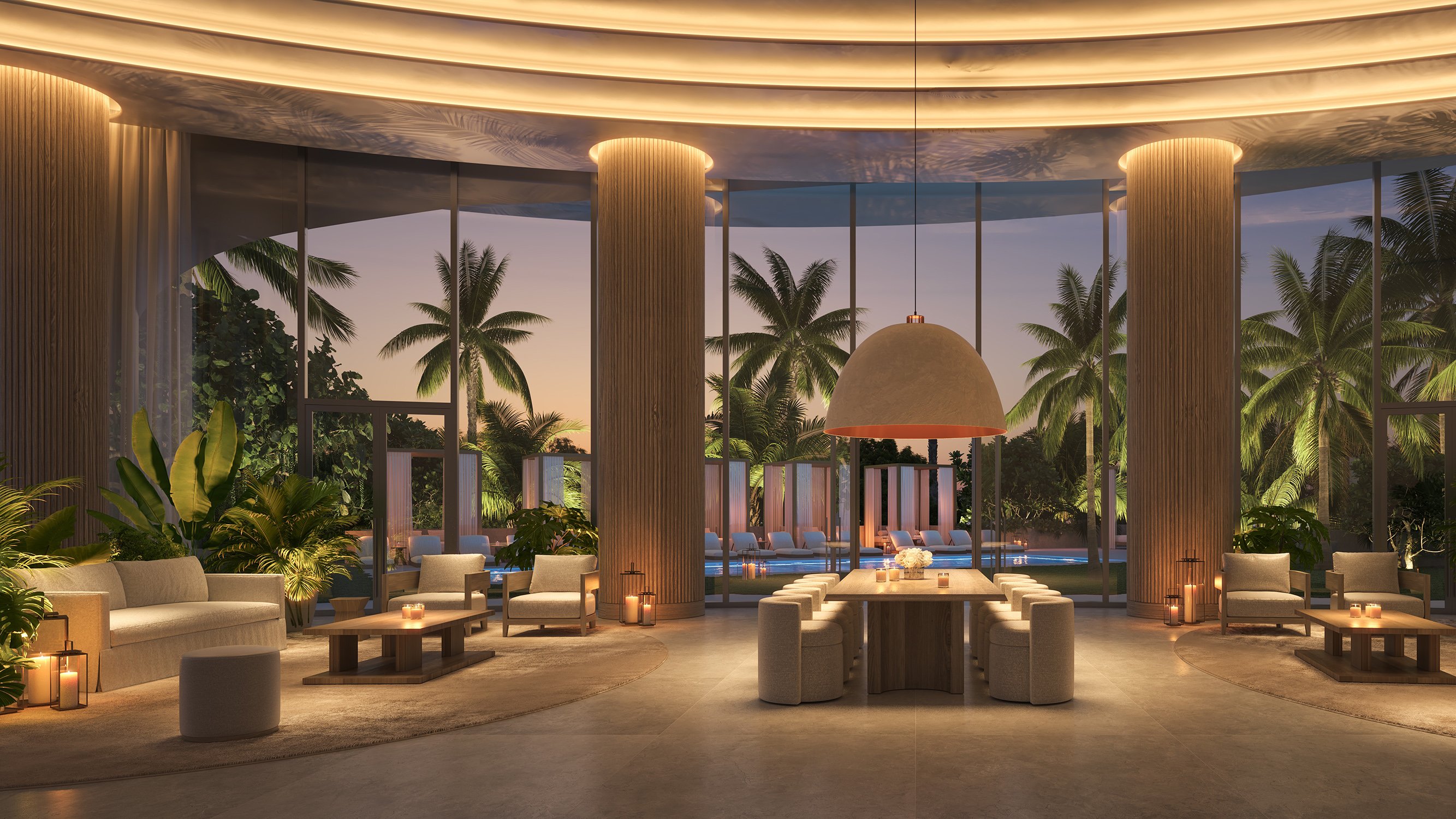 Edition Edgewater, Miami luxurious lounge with pool view, resort‑style amenity serving luxury and ultra luxury condos in Edgewater; preconstruction. Featuring interior.