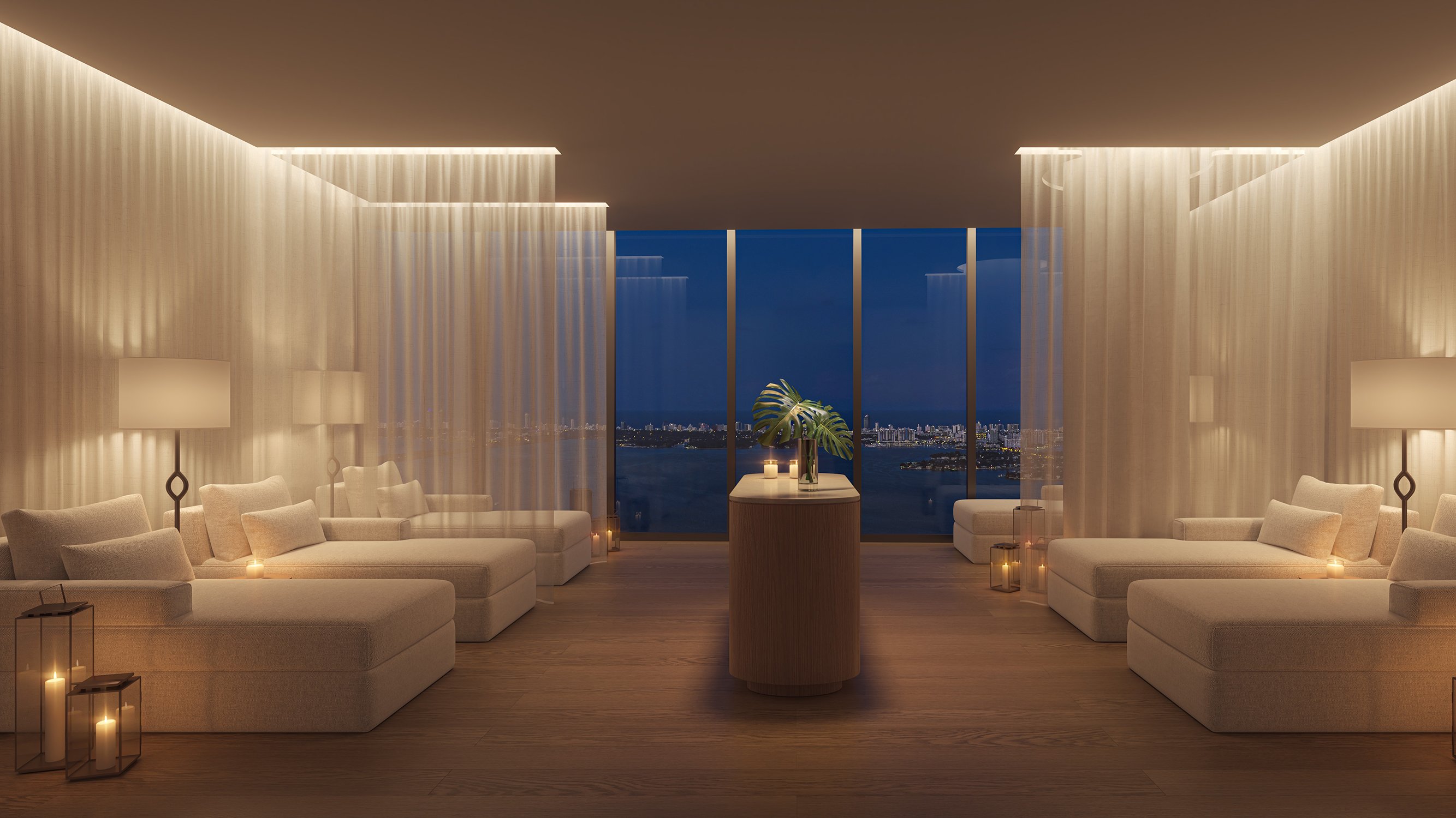 Edition Edgewater, Miami spa retreat at evening, tranquil wellness amenity for luxury and ultra luxury condos in Edgewater; preconstruction. Featuring luxurious and view.