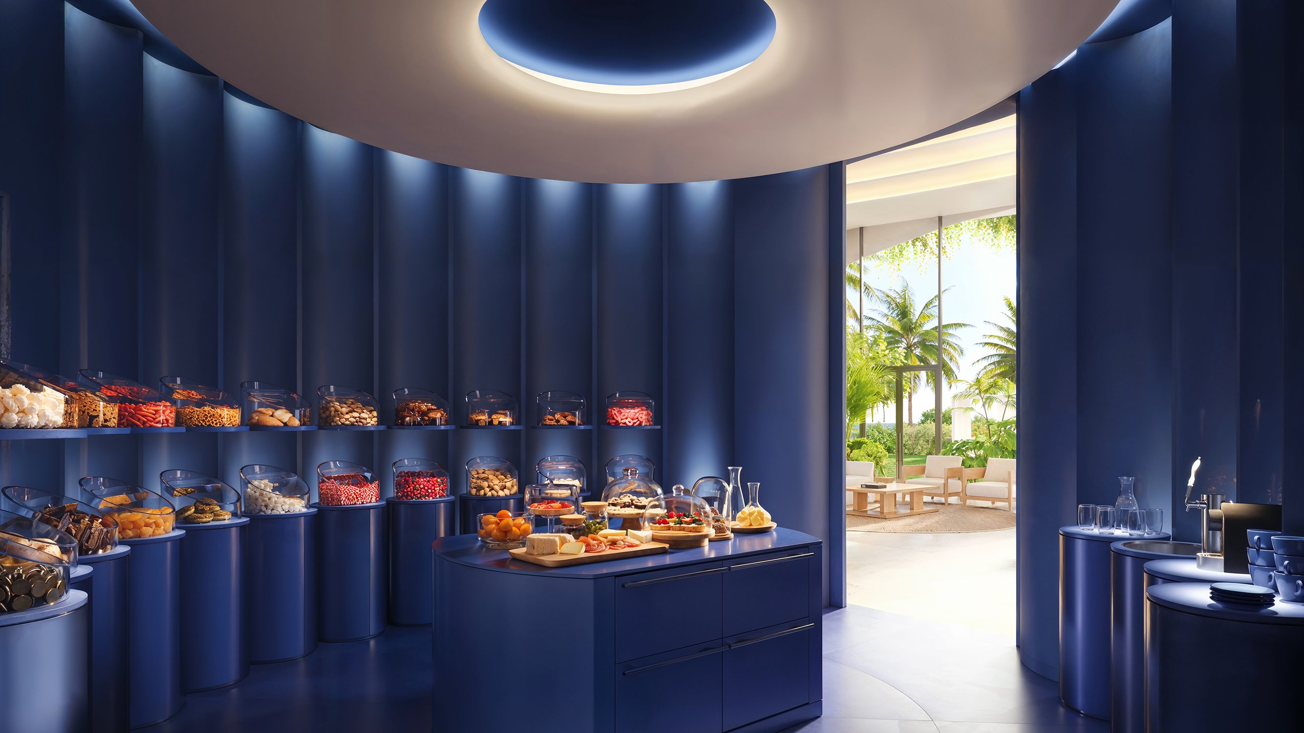 Edition Edgewater, Miami breakfast buffet in curated blue interior, hotel‑style service for luxury and ultra luxury condos in Edgewater; preconstruction.