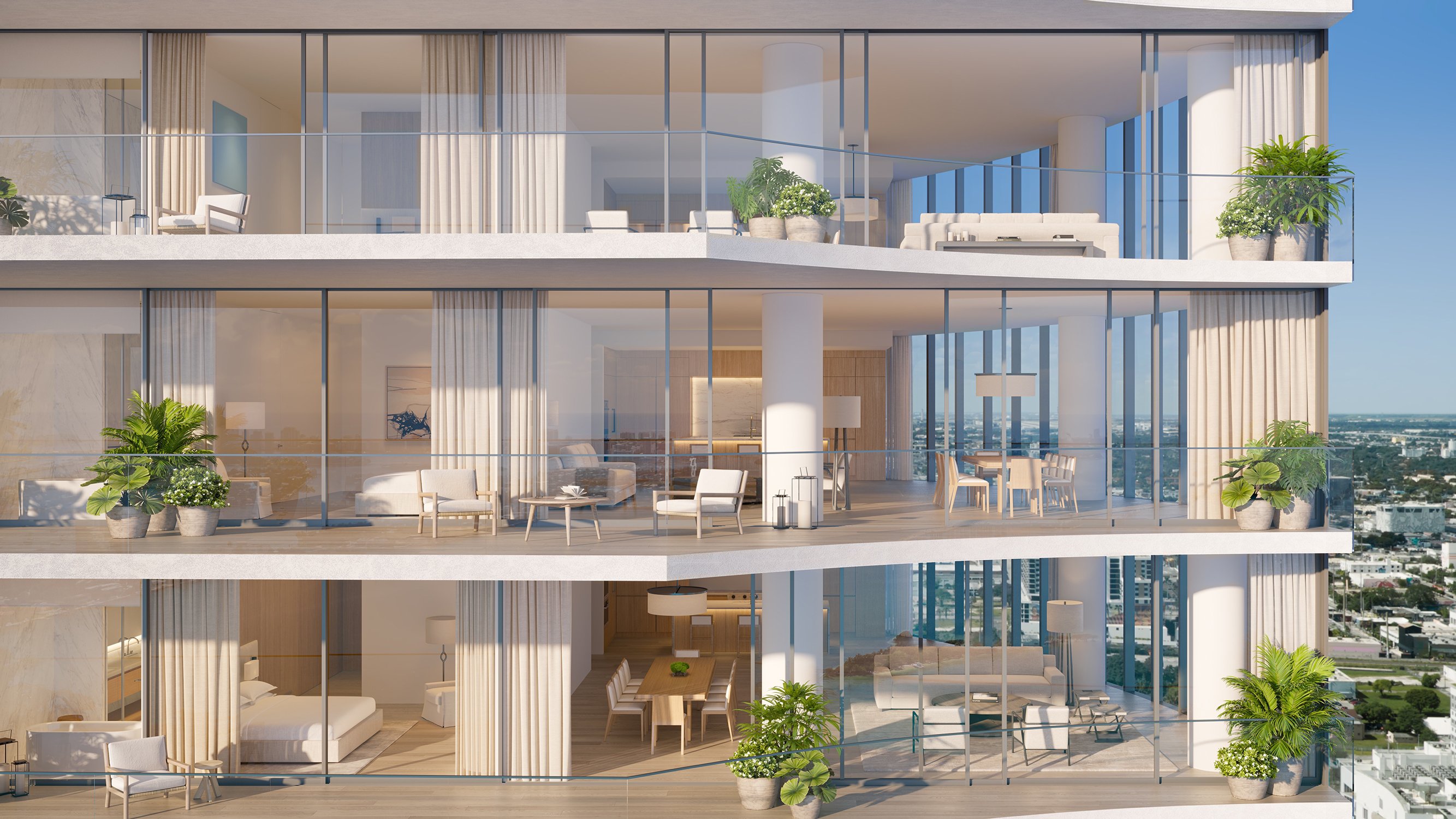 Edition Edgewater, Miami modern apartment balconies and interior design, refined materials and curves defining luxury and ultra luxury condos; preconstruction.