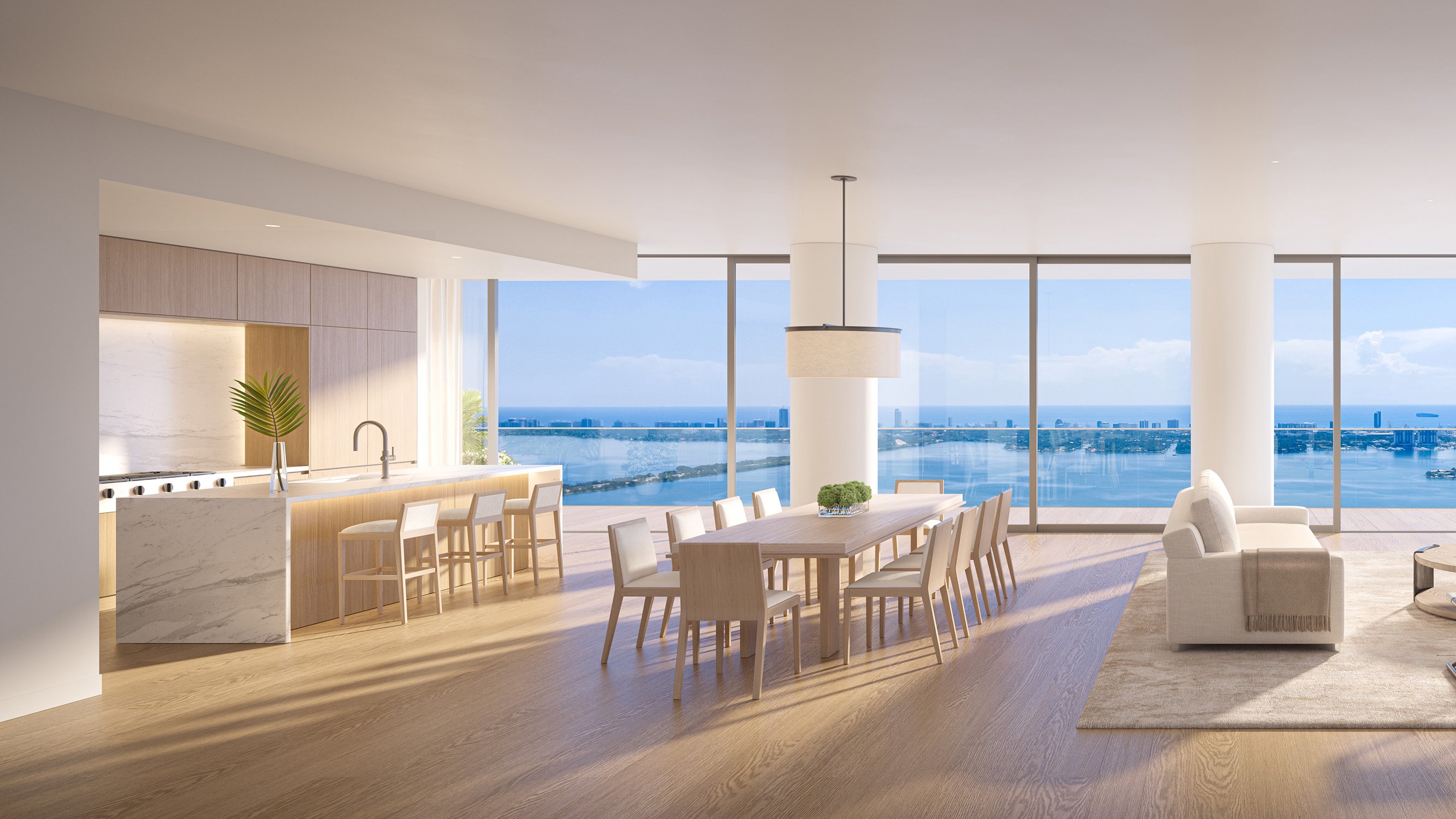 Edition Edgewater, Miami modern apartment interior with ocean view, open‑plan living and floor‑to‑ceiling glass in luxury and ultra luxury condos; preconstruction residences.