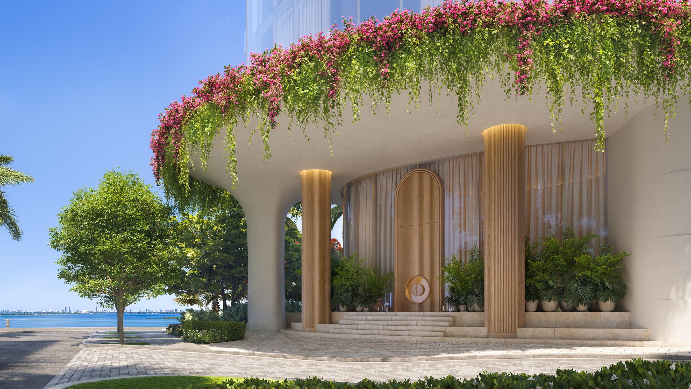 Edition Edgewater, Miami contemporary architectural entrance with floral decoration, arrival experience for luxury and ultra luxury condos in Edgewater; preconstruction. Featuring modern.
