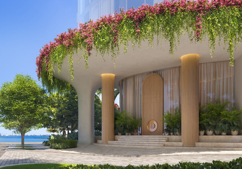 Edition Edgewater, Miami contemporary architectural entrance with floral decoration, arrival experience for luxury and ultra luxury condos in Edgewater; preconstruction. Featuring modern.