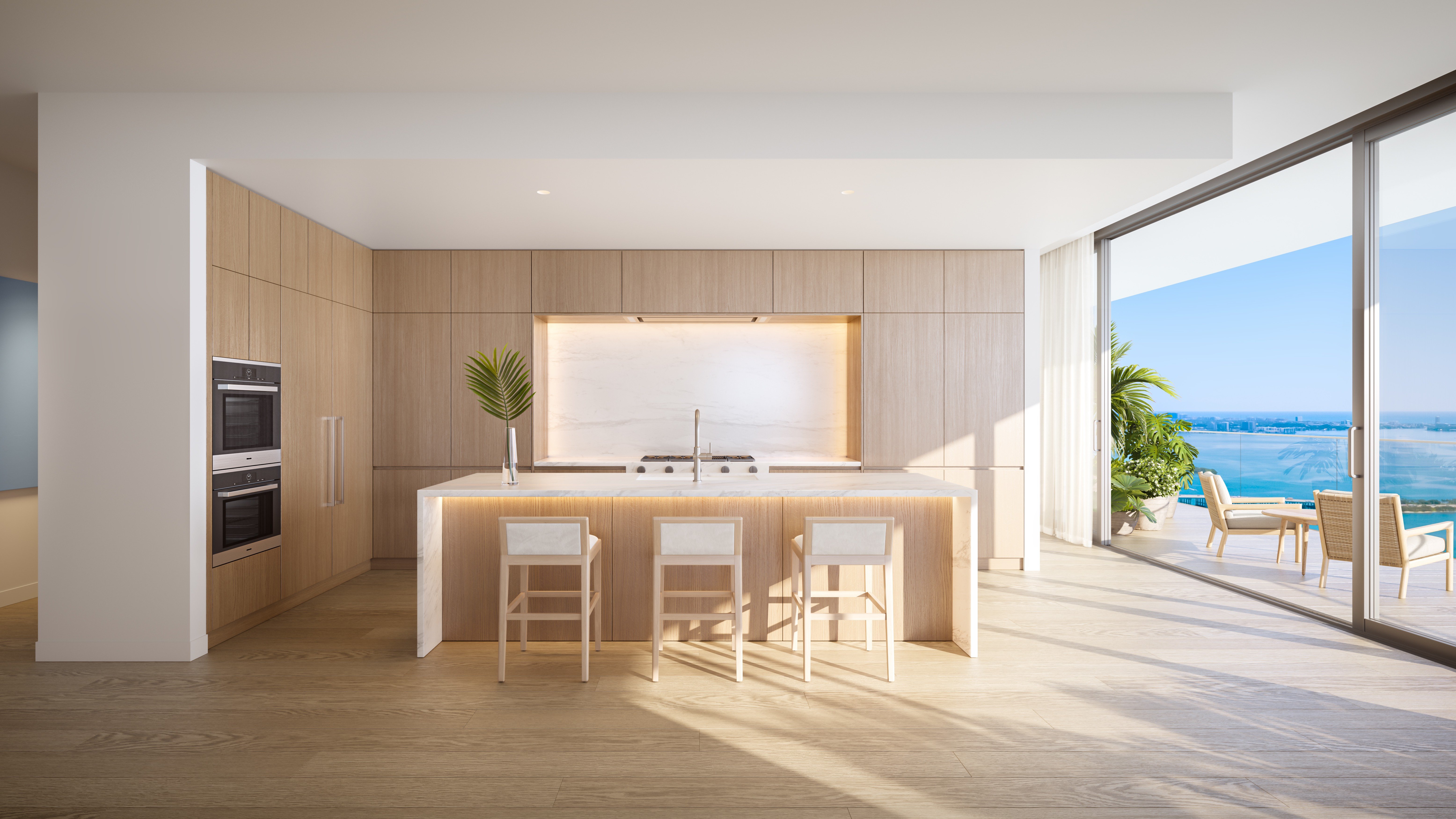 Edition Edgewater, Miami modern kitchen with seaside view, elevated finishes in luxury and ultra luxury condos; preconstruction residence in Edgewater. Featuring interior.