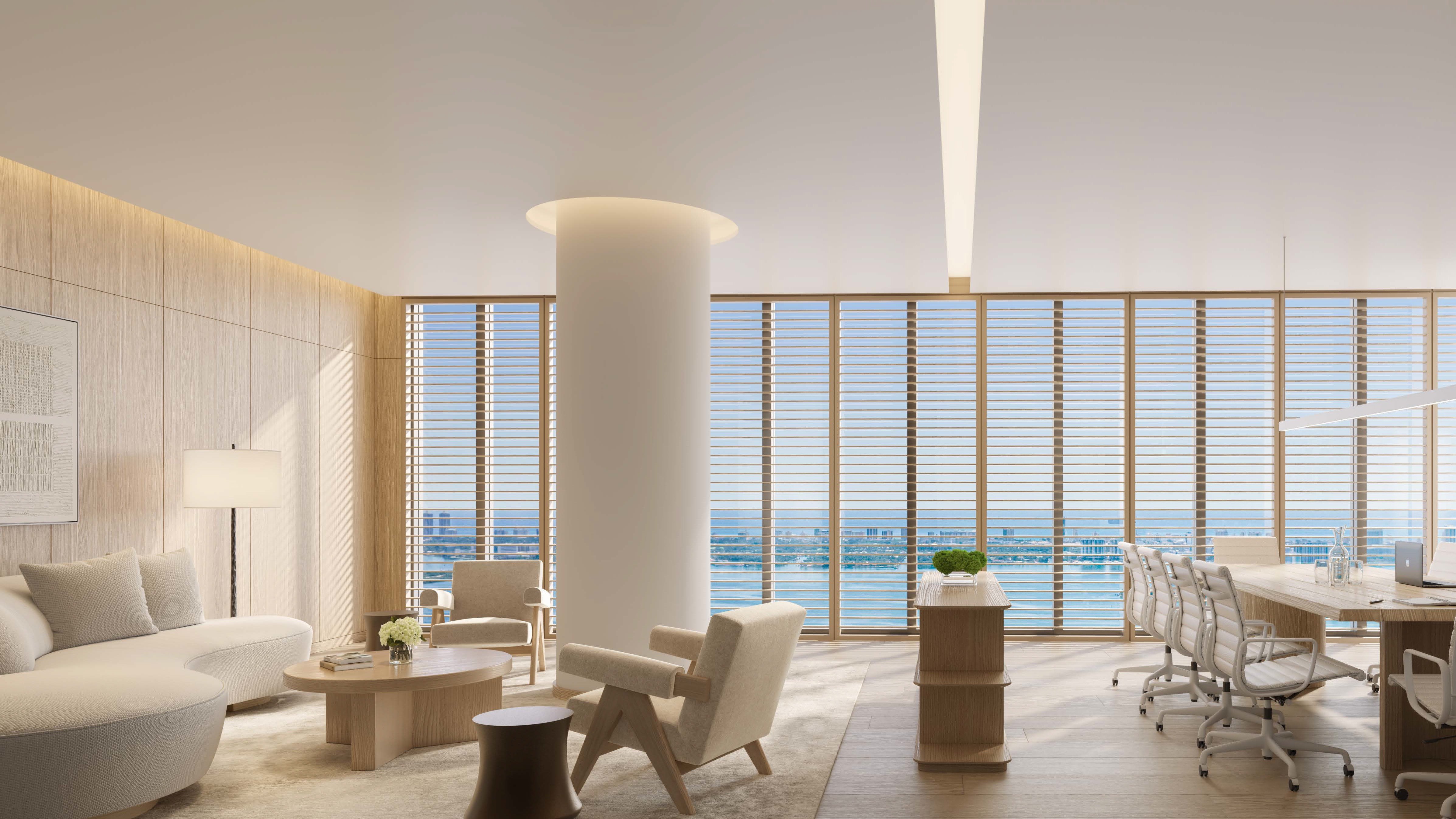 Edition Edgewater, Miami modern office with skyline and bay view, work‑from‑home space in luxury and ultra luxury condos; preconstruction in Edgewater. Featuring interior.