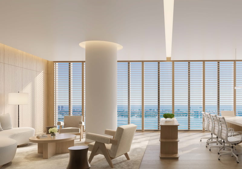 Edition Edgewater, Miami modern office with skyline and bay view, work‑from‑home space in luxury and ultra luxury condos; preconstruction in Edgewater. Featuring interior.