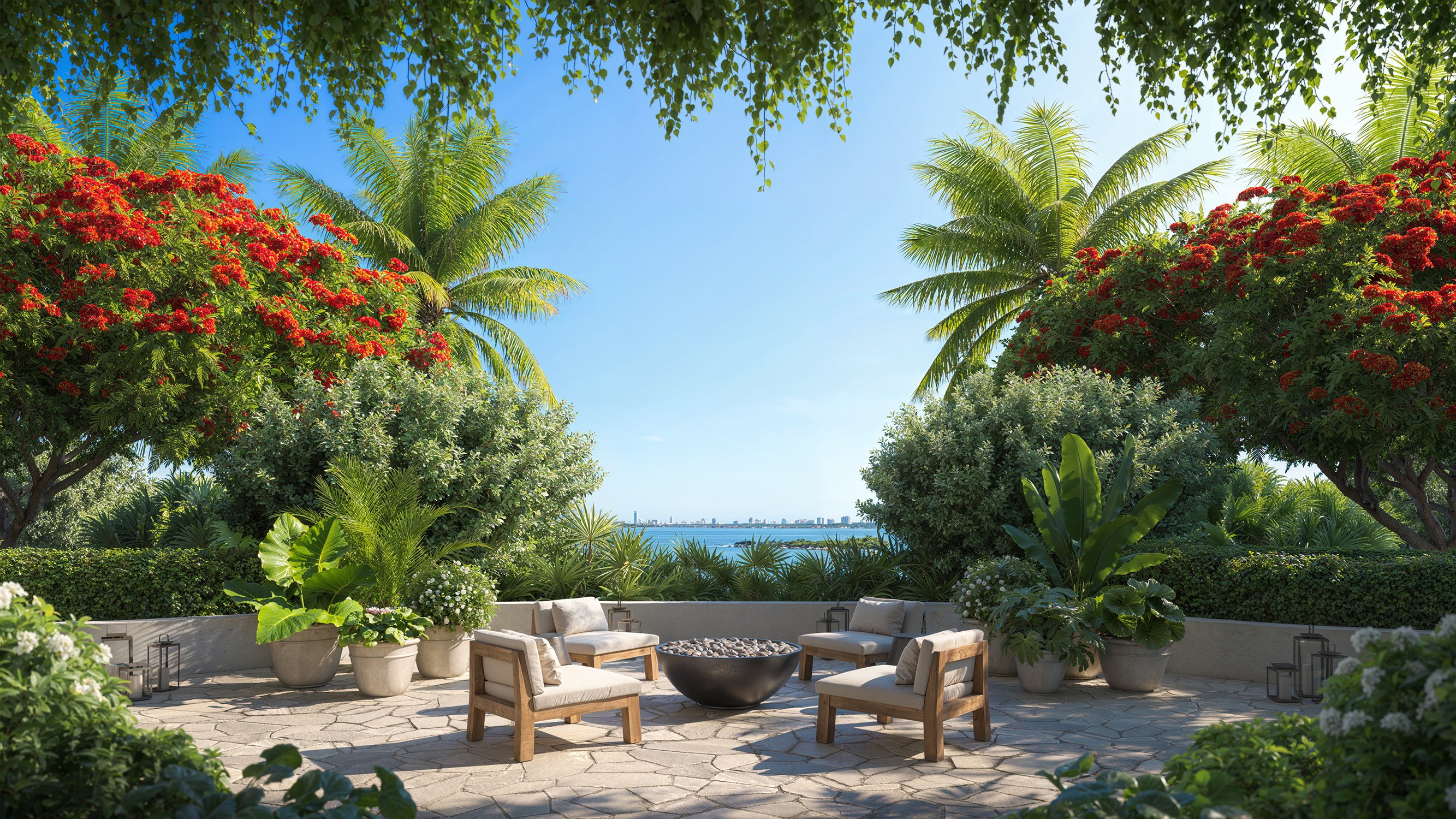 Edition Edgewater, Miami tropical patio facing Biscayne Bay, waterfront lounge for luxury and ultra luxury condos; preconstruction. Featuring view.