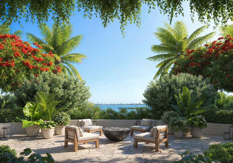 Edition Edgewater, Miami tropical patio facing Biscayne Bay, waterfront lounge for luxury and ultra luxury condos; preconstruction. Featuring view.