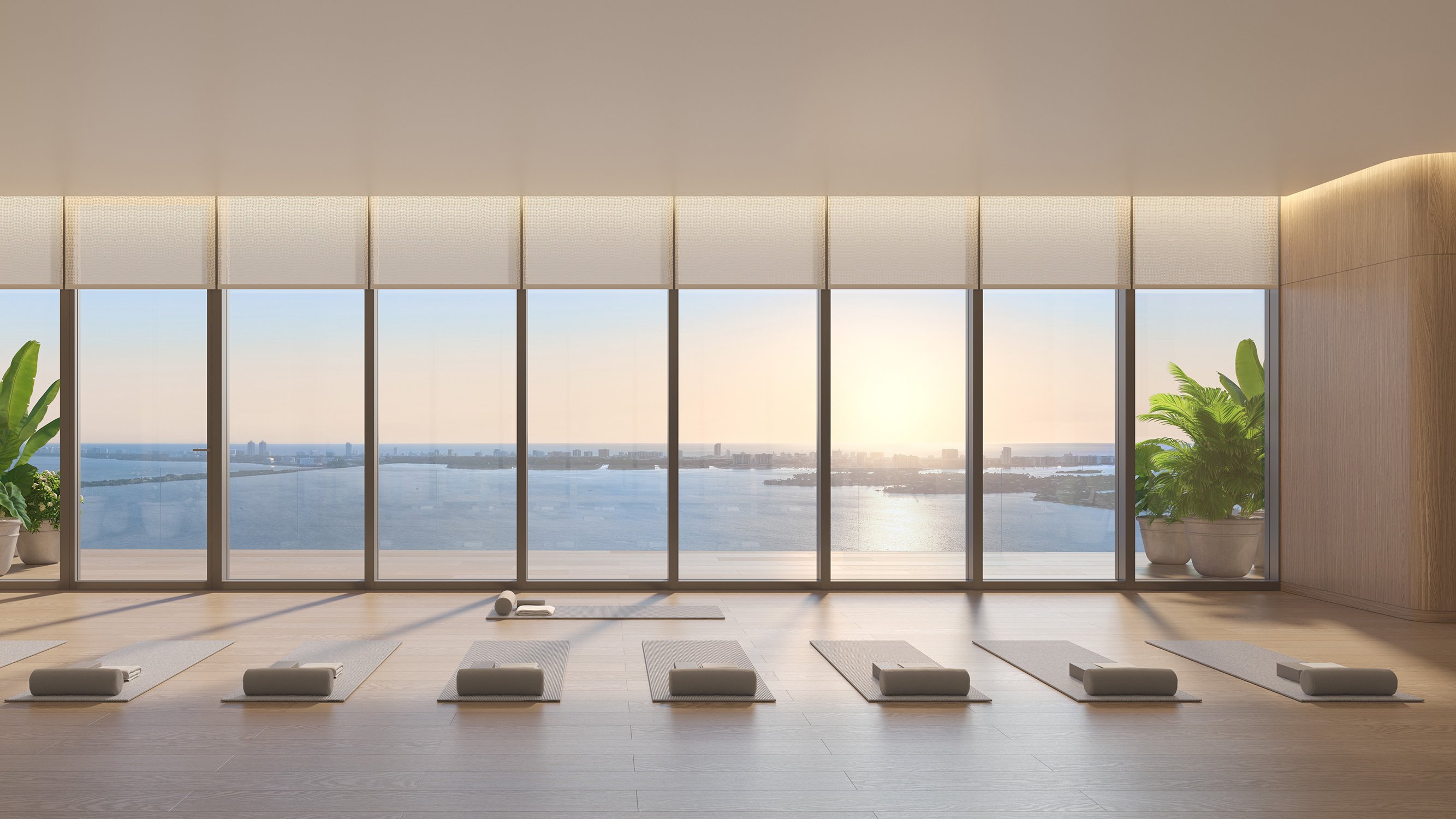 Edition Edgewater, Miami yoga studio with sunset view—wellness amenity for luxury and ultra luxury condos; preconstruction in Edgewater.