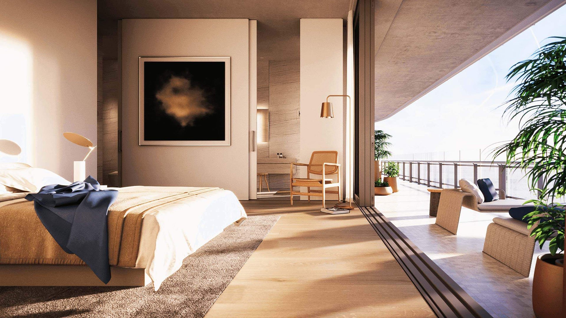 Eighty Seven Park, Miami Beach luxury and ultra luxury condos bedroom opening through wide sliding doors to a wraparound terrace with lounge seating and bright ocean views.