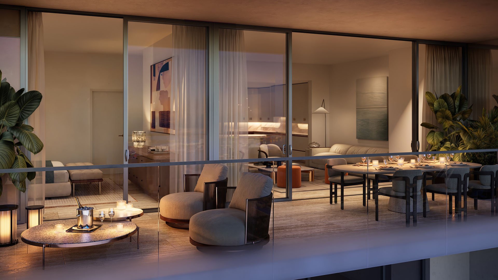 Faena Residences Miami East residence private terrace with outdoor dining and lounge at dusk, Downtown Miami skyline. Luxury and ultra luxury preconstruction condos with resort-style outdoor living.