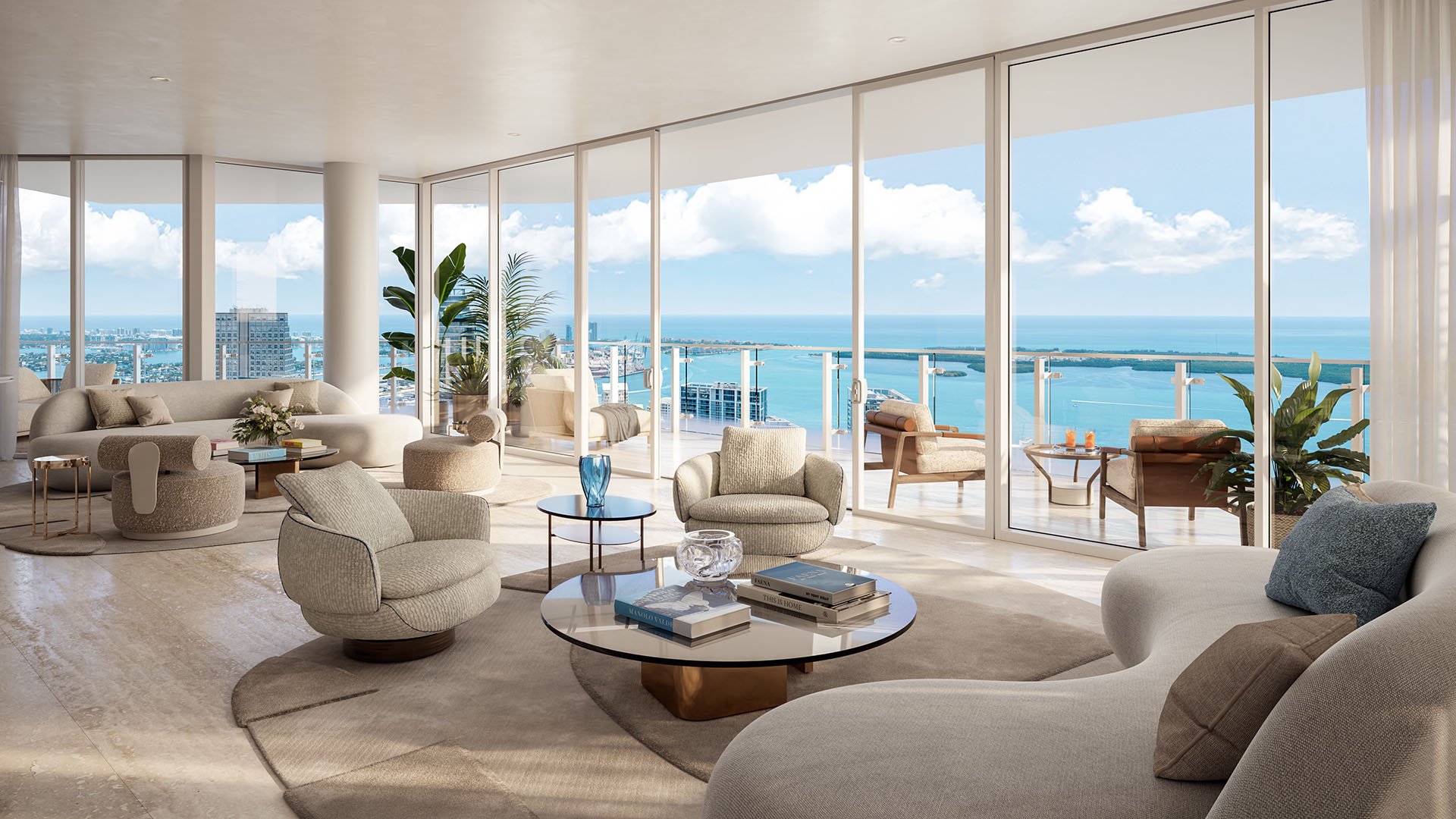 Faena Residences Miami East living room with floor-to-ceiling windows, bay and ocean views, and private terrace, Downtown Miami. Luxury and ultra luxury preconstruction condos featuring open-plan seating and modern finishes.