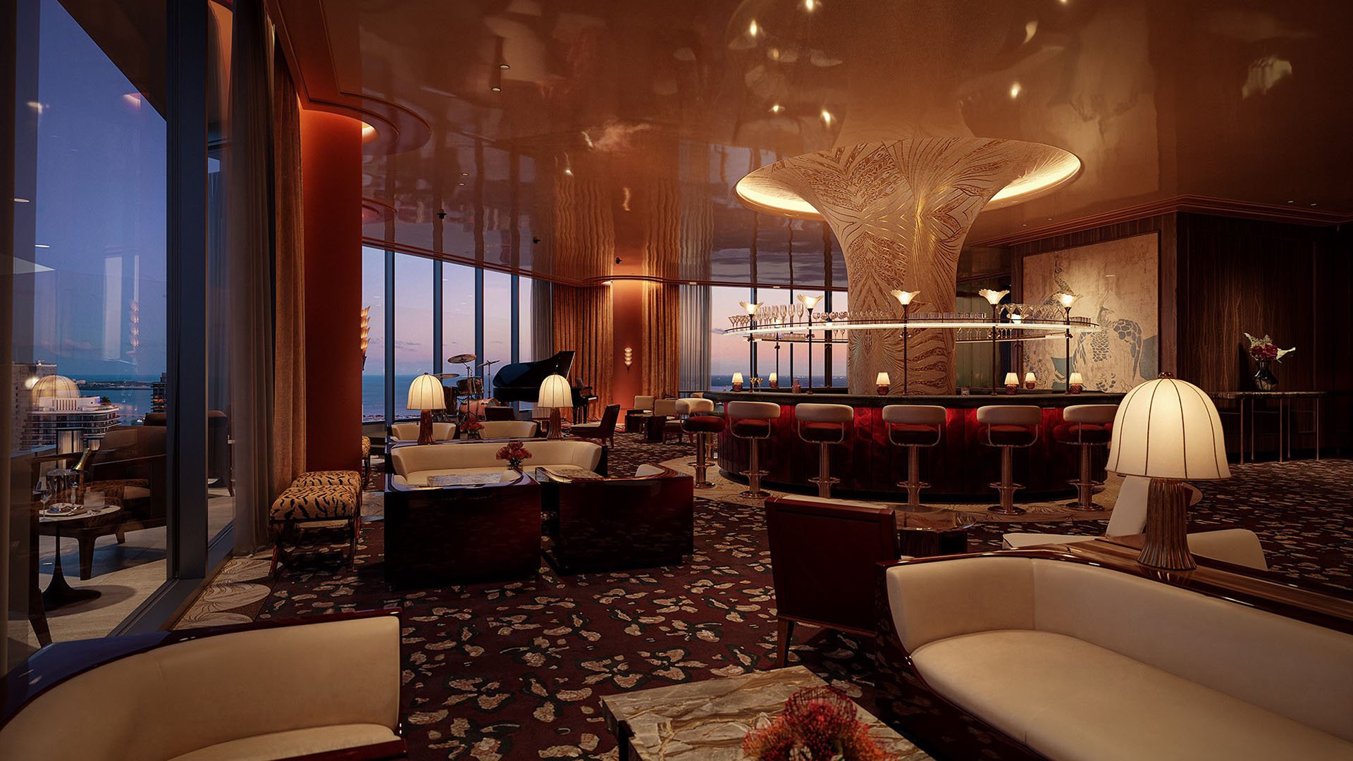 Faena Residences Miami Bloom Bar cocktail lounge with grand piano, sculptural ceiling and sunset skyline views, Downtown Miami. Luxury and ultra luxury preconstruction condos with private club-style amenities.