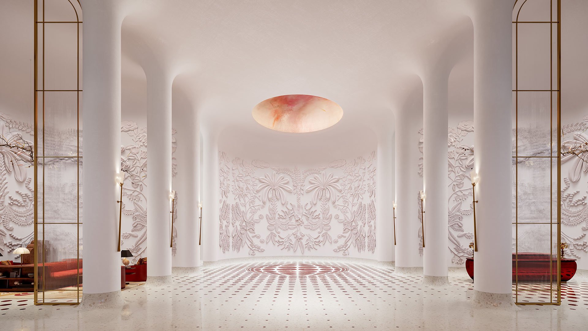 Faena Residences Miami Cathedral Lobby with grand white columns and sculpted botanical relief walls, Downtown Miami. Luxury and ultra luxury preconstruction condos with iconic, art-forward arrival experience.
