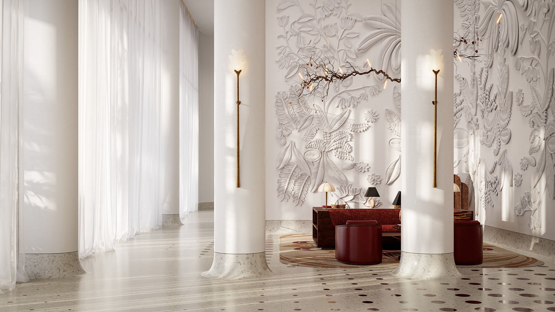 Faena Residences Miami Cathedral lounge seating with white columns, sheer drapery and botanical relief wall details, Downtown Miami. Luxury and ultra luxury preconstruction condos with refined resident gathering spaces.