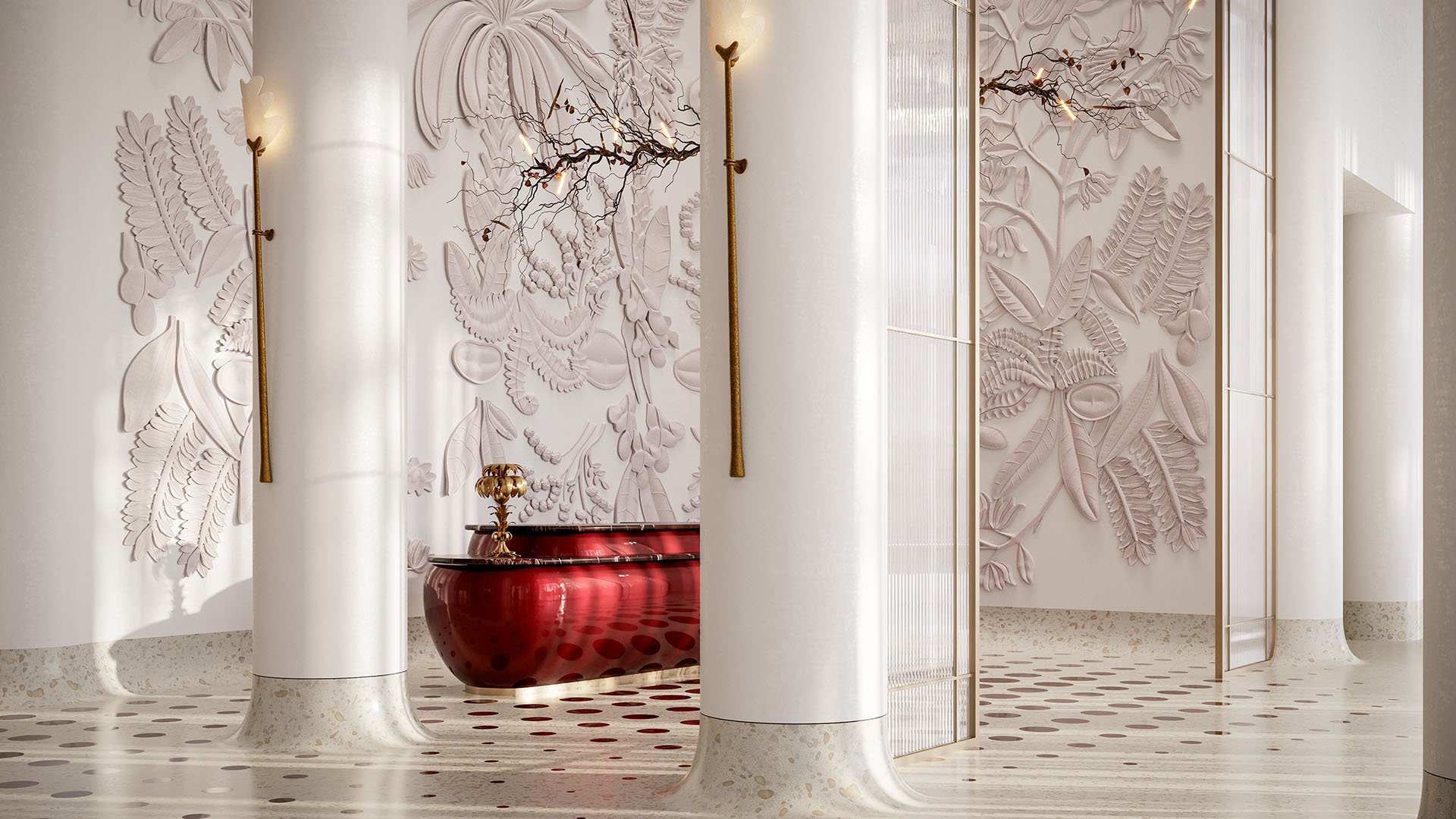 Faena Residences Miami Cathedral reception with red lacquer concierge desk, white columns and botanical relief backdrop, Downtown Miami. Luxury and ultra luxury preconstruction condos offering full-service concierge lobby.