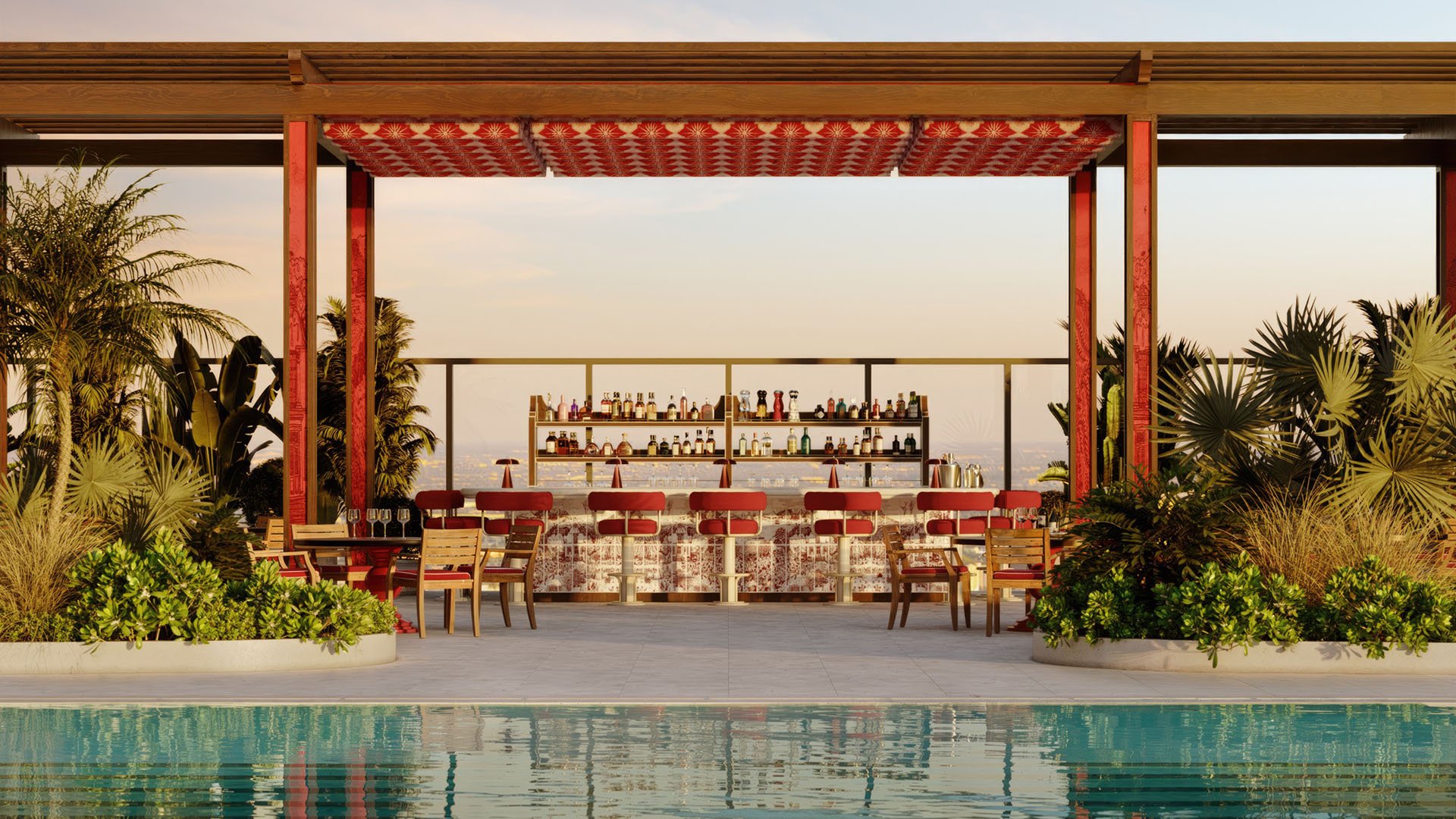 Faena Residences Miami Beach pergola poolside cocktail bar with red canopy, lush landscaping and skyline views, Downtown Miami. Luxury and ultra luxury preconstruction condos with resort-style pool amenities.