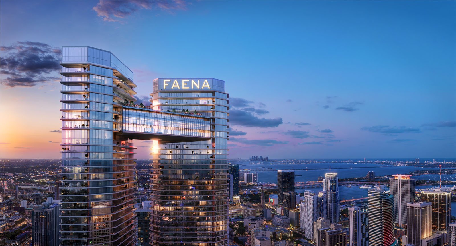 Faena Residences Miami, ultra luxury condos with iconic modern architecture and rooftop design, showcasing luxury waterfront residences in Downtown Miami and Brickell. Featuring architectural, building, and exterior.