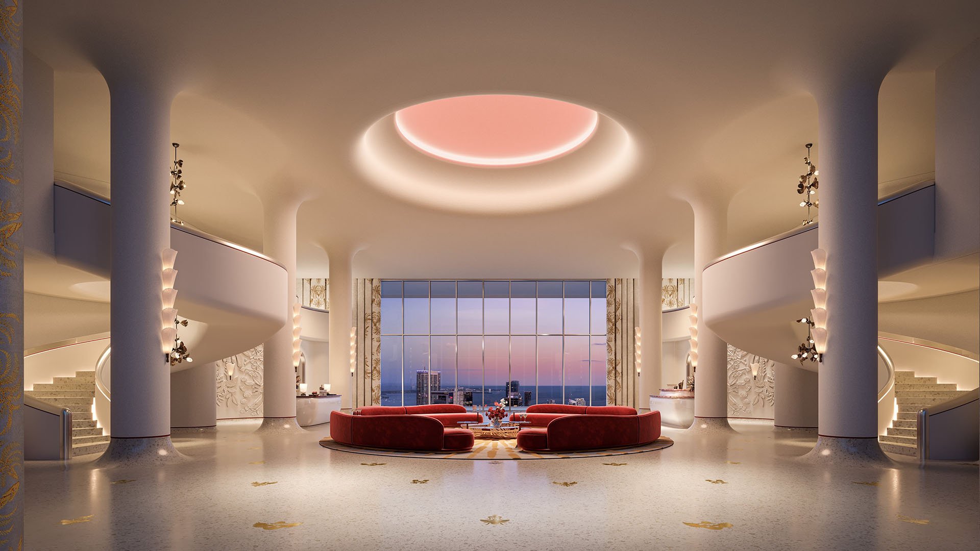 Faena Residences Miami Pistil Lobby rotunda with pink oculus skylight, curved architecture and red lounge seating at sunset, Downtown Miami. Luxury and ultra luxury preconstruction condos with statement lobby design.